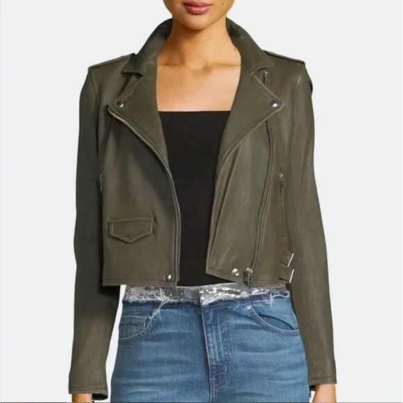 IRO Ashville Leather Moto Biker Jacket Olive Green Full Zip Sz 1 FR / Small